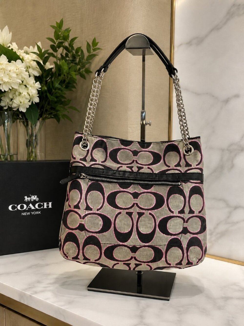 Coach Poppy Metallic Signature Slim Tote Shoulder Bag Y2K Glam